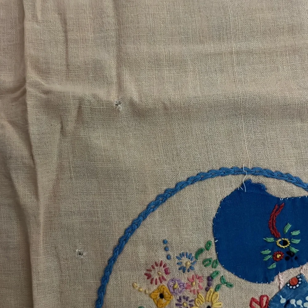 50s Tea Dish Towel Embroidered Appliqué PinkPeach Blue Bonnet girl w flowers